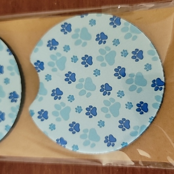 Dog Paw Blue Handmade Reuseable Neoprene Set of 2 Cup Holder Car Coasters - Picture 3 of 4